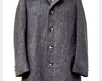 Vintage 1970s herringbone gray tweed overcoat |  70s mens charcoal tweed top coat | Energy Manufacturing Company | Size 42