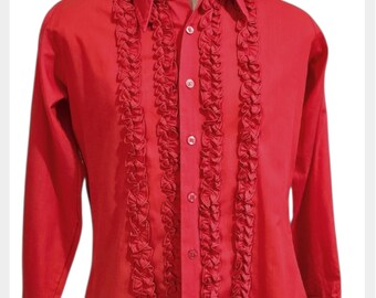 Vintage 70s Monzini Red Ruffled Tuxedo Shirt | Men's L