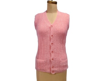 Vintage 1960s hand knitted button front pink vest | 60s vintage pink sweater vest | Size Small