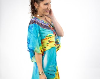 Two Piece Embellished Kaftan, Boho Chic, Strapless Dress, Kaftan Top, Feather Print,Gypsy Style, Multi Style