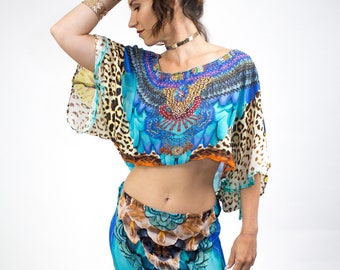 Two Piece Embellished Kaftan, Boho Chic, Strapless Dress, Kaftan Top, Animal Print,Gypsy Style, Multi Style