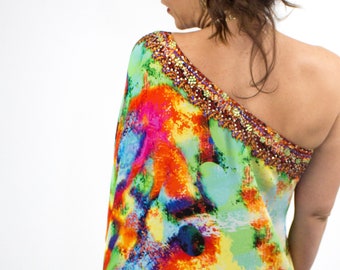 Off Shoulder Multi Colored Festival Dress with Neckline Embellishment