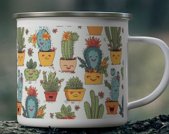 May include: White enamel camping mug with a colorful pattern of potted cacti and succulents. The cacti and succulents have smiling faces.