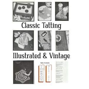 May include: A vintage book featuring black and white illustrations of tatting patterns. The book cover reads "Classic Tatting Illustrated & Vintage". The book includes a table of contents with page numbers.
