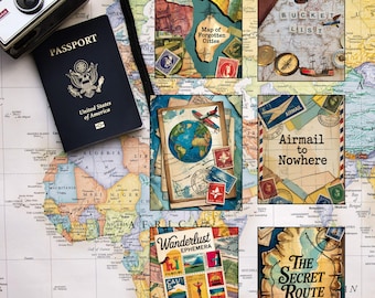 Vintage Travel & Ephemera Digital Scrapbook Paper Pack. 12x12 inch 12 sheets