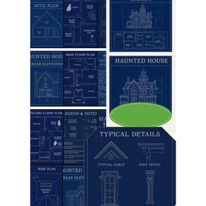 May include: A collection of architectural blueprints for a haunted house, featuring various floor plans, elevations, and detailed drawings. The designs are rendered in white lines on a dark blue background, showcasing the attic, basement, and main floor layouts.