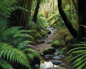 May include: A lush green forest scene with a small stream flowing through it. The stream is surrounded by rocks and ferns, and the trees are tall and thick. The light is dappled and creates a sense of peace and tranquility.