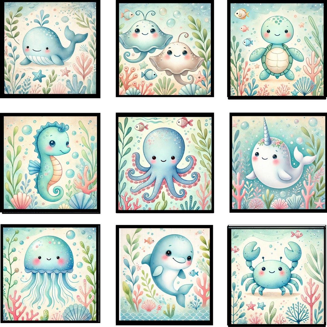 Pastel Ocean Animal Nursery Prints - Set of 9 Watercolor Sea Life Art ...