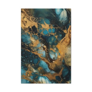 May include: Abstract art print featuring swirling blue, teal, and gold paint. The gold paint creates a web-like pattern throughout the print.
