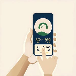 May include: A smartphone with a dark blue screen displaying a green and white graphic and the text "50<=50p". The screen also shows the numbers "31", "50", "10B", and "08". A finger is touching the screen.