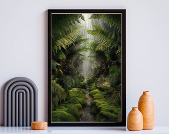 May include: A framed print of a lush green forest with a stream running through the center. The forest is illuminated by sunlight streaming through the trees, creating a magical atmosphere.