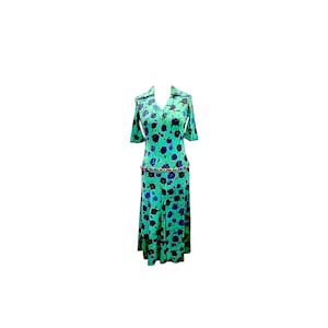 Ken Scott vintage 70s midi dress S/XS blue green flowers short sleeves