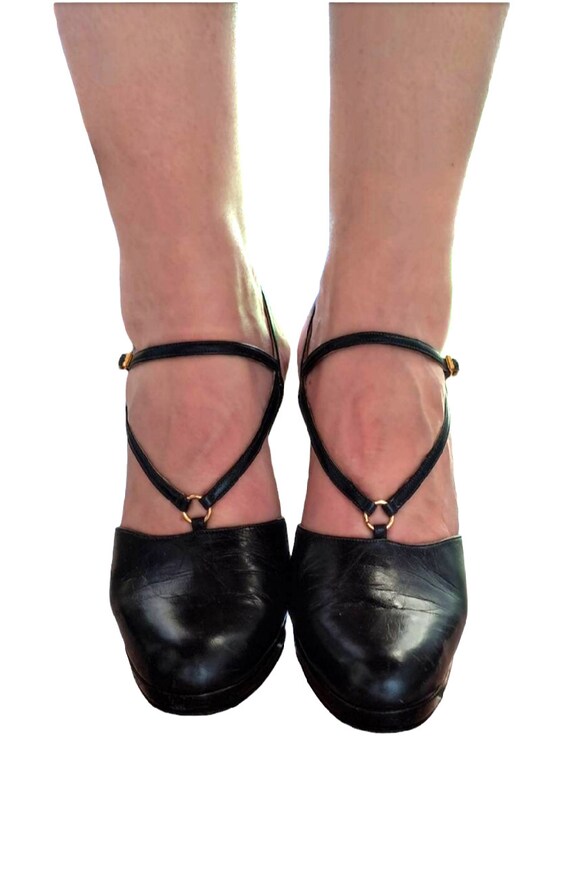 Vintage 70s women's shoes dark blue leather Mary … - image 1
