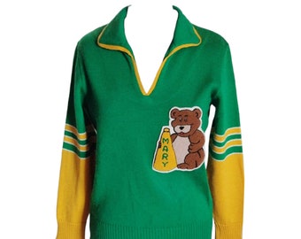 Vintage cheerleader sweater 70's Mary wool green yellow teddy bear Lasley knitting