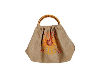 Sac hippie avec toile de jute en bambou et broderie florale, contenance 60/70