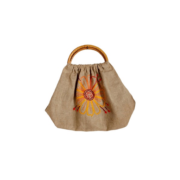 Hippie bag with bamboo sackcloth and floral embroidery, 60/70 capacity