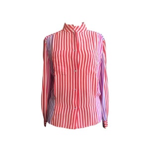 Vintage 70s womens blouse striped silk jewel buttons long sleeves white red fuchsia