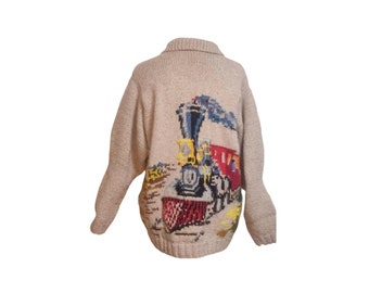 Very warm 70s vintage knitted wool jacket cardigan locomotive train