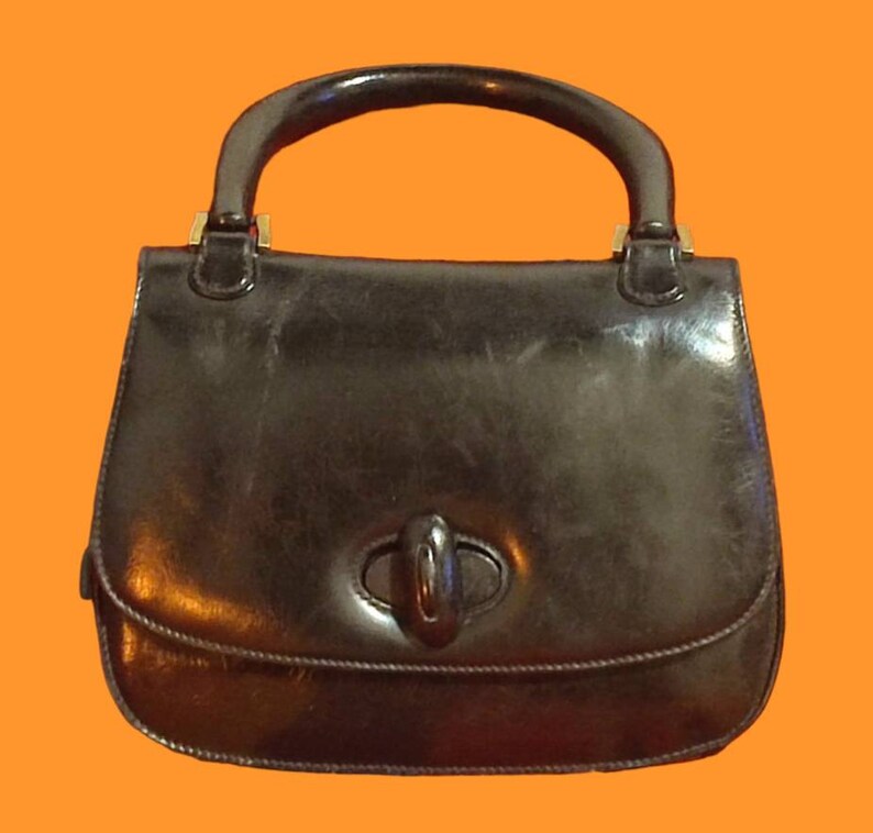 Gucci GG Vintage Bag 50s Made in Italy Black Leather Wooden Etsy