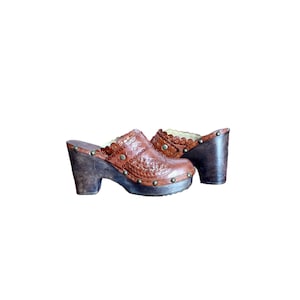 60s/70s handcrafted brown embossed leather clogs with studs EU 38 UK 5 US wos 7.5