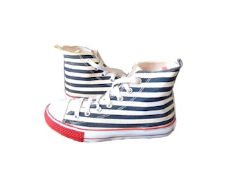 Jean Paul Gaultier von La Redoute Vintage 80er Jahre gestreifte Canvas-Sneaker blau weiß rot marine EU 38 US Damen 7,5 Chucks Converse