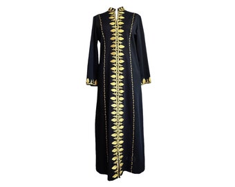 Vintage 60s long black and gold caftan dress hand stitched