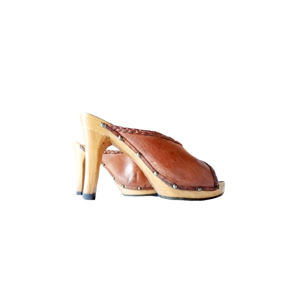 Vintage 70s brown leather peep toe mules clogs wi… - image 2