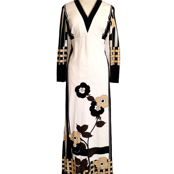 Vintage 60's woman long dress Jenast Paris Haute Couture flowers ivory black beige