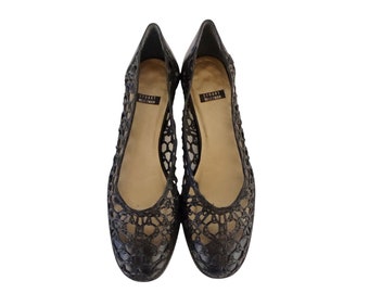 Stuart Weitzman vintage femmes ballerines chaussures cuir tissé noir EU 38 US wo's 8