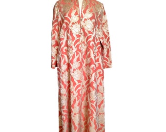Vintage 60&#39;s long caftan dress Saphire Florida brocade gold orange flowers