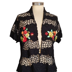 Vintage black bolero lace jacket with colorful satin flowers