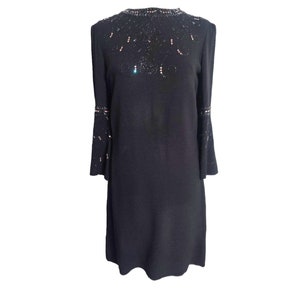 Vintage 60s black beaded cocktail mini evening dress beat mod