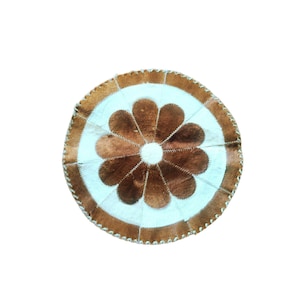 Vintage 60s boho hippie brown white round pile rug