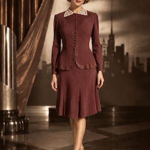 Vintage damespak uit de jaren 30 van bruine crêpe, tweedelig, maat XS/S, blouse met kanten kraag, HS 6204291800 afbeelding 1