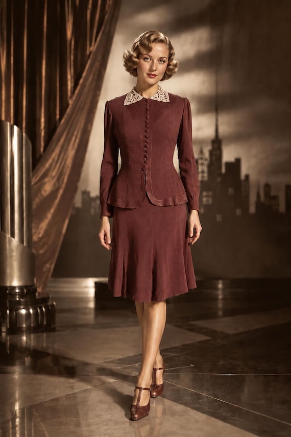 Completo donna vintage anni '30 crepe marrone XS/S due pezzi camicia colletto pizzo HS 6204291800