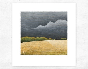 Limited edition landscape art print, Modern design abstract wall art, Contemporary print, Setting sunlight, storm dark clouds