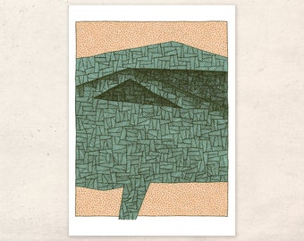 Small art print of an abstract patterned portrait. Abstract geometric figure in the landscape.