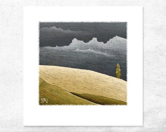 Setting Sunlight Art Print, Rural landscape print of a bright countryside field with dark storm clouds.