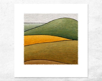 Small Square Unique Countryside Abstract Landscape Art Print, 6x6 Limited Edition Giclee Country Wall Art, Green and Yellow print