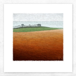 Tasmanian rural landscape art print. A beautiful nature print of an Australian coastal landscape. Farm fields wall art print