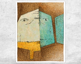 Abstract Portrait of a Man Art Print on Quality Archival Paper. Quirky, Expressive, Fun Textured Design, Warm Colors