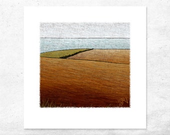 Small art print of a Tasmanian coastal landscape with rolling hills, great Australian contemporary art gift.