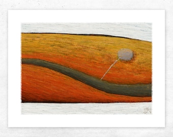 Orange & Red Abstract Landscape Art Print. Print of a farm paddock with a water tank and curved track.
