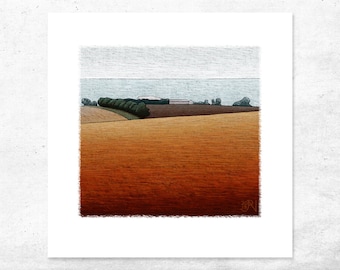 Australian abstract art print of a farm set amongst paddocks, Small unique limited edition giclee print