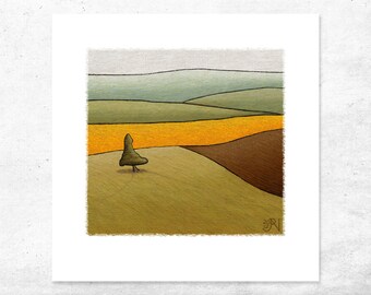 Small landscape art print of a tree in a field with rolling hills in the background. A stripe of yellow canola dominates the painting.