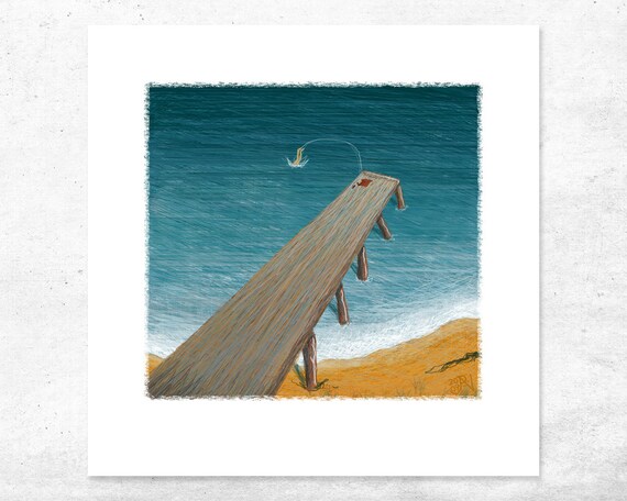 Beachside Swimmer Giclee Art Print: Quirky Coastal Wall Decor