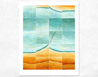 Coastal Abstract Print, Bright Colourful Art, Orange and Blue Wall Art, Autumn River Stream Coastline