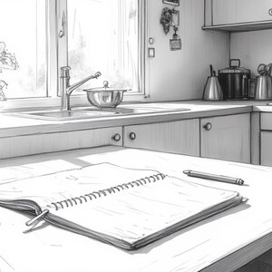 Może przedstawiać: Czarno-biała ilustracja wnętrza kuchni. Spiralny notatnik i długopis leżą na blacie. Wazon z kwiatami stoi obok okna ze zlewem i kranem. Widoczne urządzenia kuchenne.