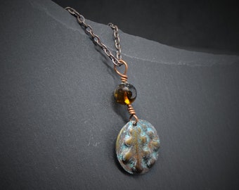 Patined copper oak leaves pendant with polished amber gemstone bead and copper chain, red copper & blue-green patina, latvian jewelry