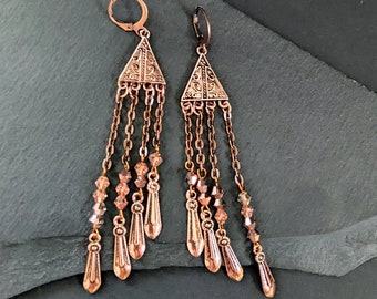 Long copper fringe earrings, asymetrical crystal beaded gift for her, geometric art deco architecture inspired women jewelry, handmade